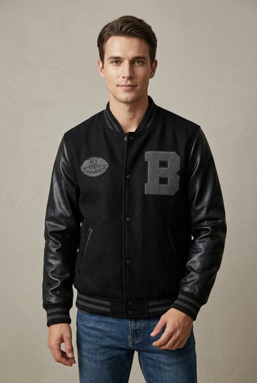 Men's Varsity Jacket with Contrast Sleeves Snap-Button Front and Patch