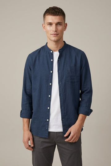 Men's Band Collar Long Sleeve Linen Blend Shirt with Pocket