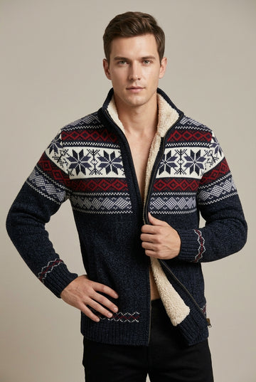 Men's Fleece Lined Zip-Up Cardigan with Fair Isle Pattern