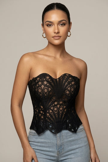 Women's Strapless Sweetheart Neckline Lace Corset Top with Lace-Up Back
