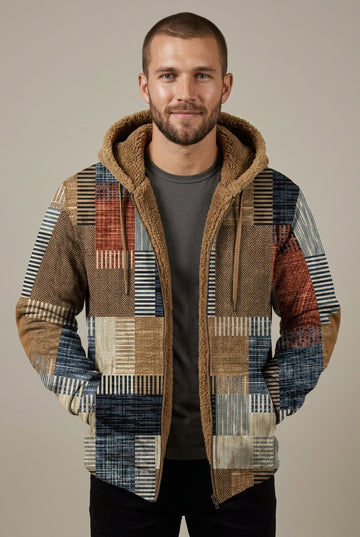 Men's Patchwork Print Hooded Jacket with Faux Fur Lining