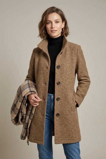 Women's Long Sleeve Notch Collar Button-Front Mid-Length Wool Blend Coat