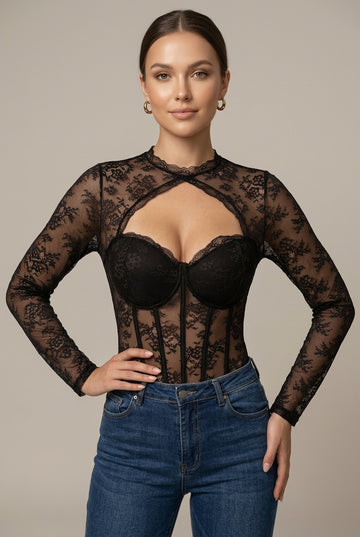 Women's Long Sleeve Mock Neck Lace Crop Top with Underwire Cups and Keyhole Cutout