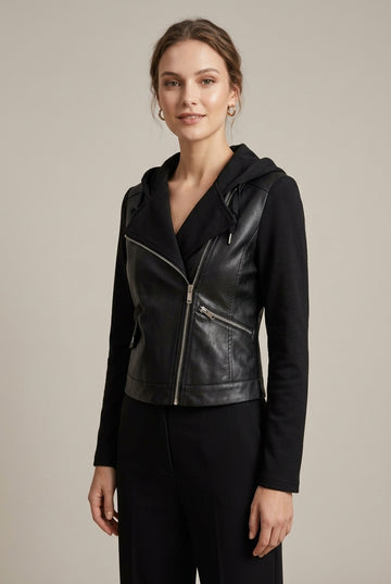 Women's Faux Leather Hooded Moto Jacket with Contrast Sleeves