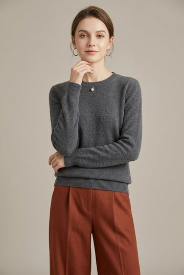 Women's Knit Sweater with Crew Neck and Ribbed Cuffs