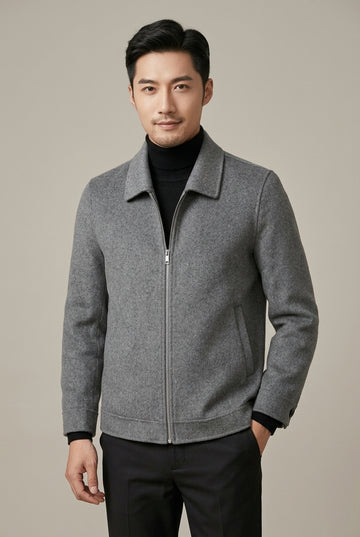 Men's Wool Blend Zip-Up Jacket with Spread Collar and Welt Pockets