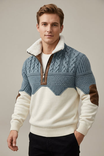 Men's Cable Knit Half Zip Sweater with Fleece Collar