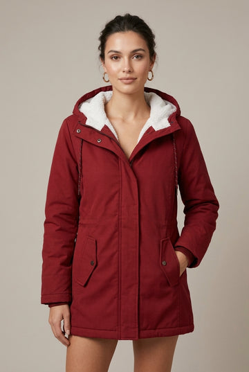 Women’s Hooded Teddy Lined Parka Coat with Flap Pockets and Zip Front