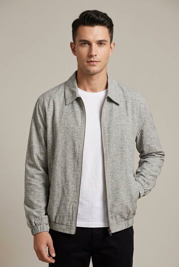 Men's Cotton Linen Blend Zip-Up Collared Bomber Jacket