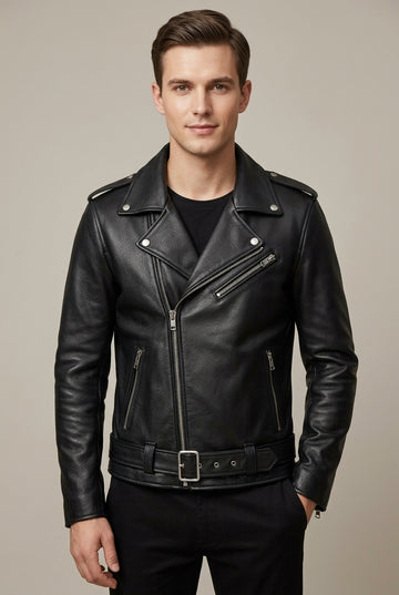 Men's Long Sleeve Notch Lapel Asymmetric Zip Belted Genuine Leather Biker Jacket