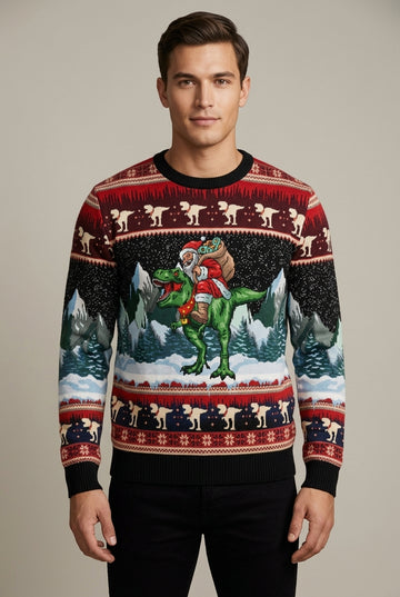 Men's Printed Crew Neck Christmas Sweater with Ribbed Trim