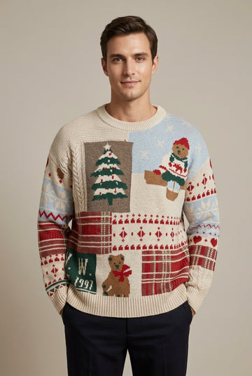 Men's Patchwork Print Crew Neck Christmas Sweater with Ribbed Trim
