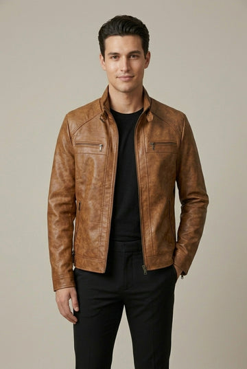 Men's Long Sleeve Stand Collar Zip-Up Faux Leather Jacket