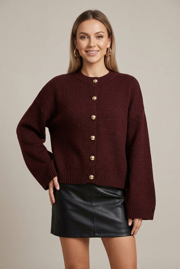 Women's Oversized Cardigan with Round Neck and Button Front