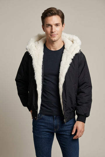 Men's Faux Fur Hooded Bomber Jacket Oversized