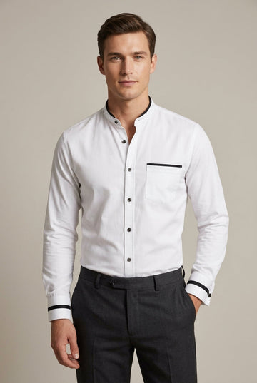 Men's Long-Sleeve Grandad Collar Shirt - Contrast Style - Trim Chest Pocket