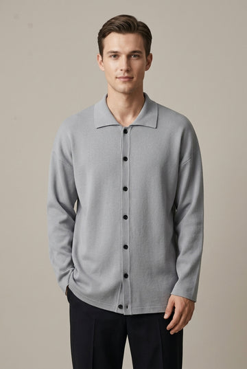 Men's Oversized Knit Cardigan with Spread Collar and Button Front