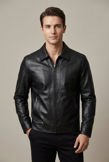 Men's Pointed Collar Zip-Up Jacket with Slanted Pockets