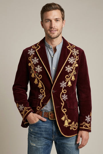 Men's Corduroy Christmas Print Blazer Single Breasted
