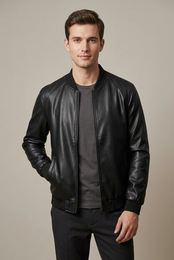 Men's Zip-Up Bomber Jacket with Ribbed Collar and Cuffs