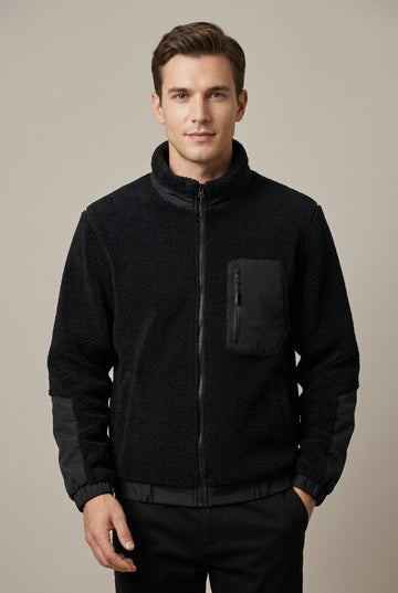 Men's Sherpa Fleece Zip-Up Jacket with Contrast Sleeve Panels