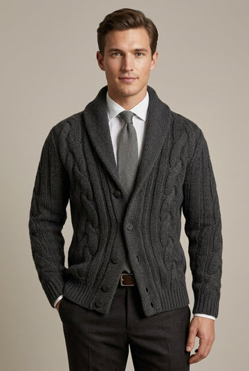 Men's Long Sleeve Shawl Collar Button-Front Cable Knit Cardigan