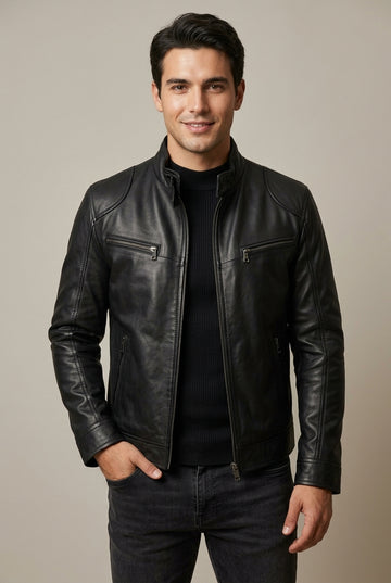 Men's Leather Jacket Slim Fit Stand Collar