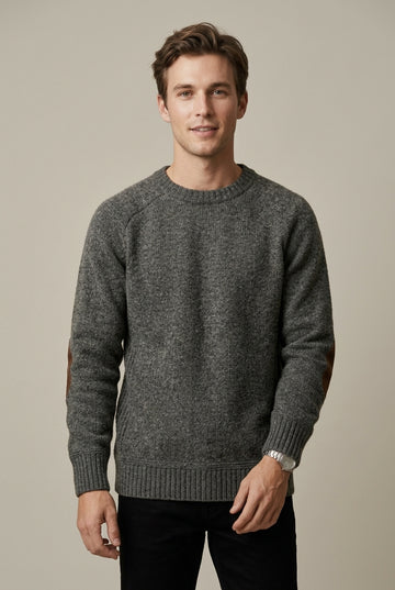 Men's Wool Blend Crew Neck Sweater with Elbow Patches