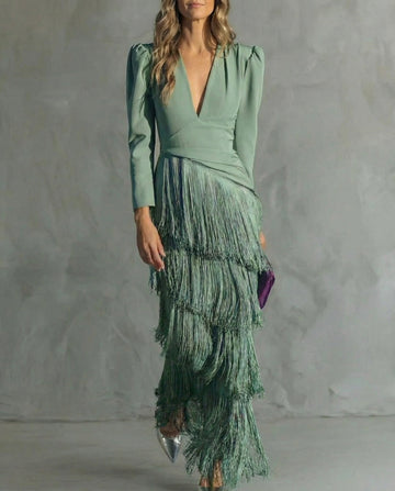 Women's Fringe Maxi Dress - Deep V-Neck - Puff Sleeve