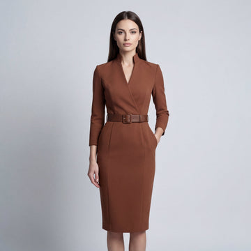 Women's V-Neck Wrap Front Belted Midi Dress - Long Sleeve