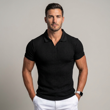 Men's Ribbed Knit Short Sleeve Polo - Fitted V-Neck Collar