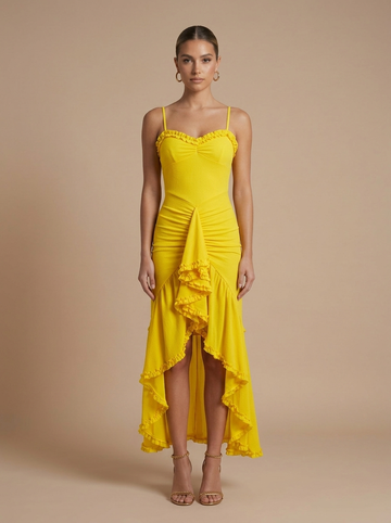 Women's Ruched Spaghetti Strap Maxi Dress - Ruffle Trim Detail
