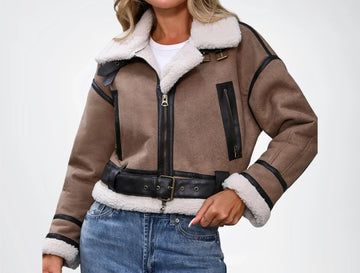 Women's Faux Leather Bomber Jacket Shearling-Lined