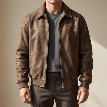 Men's Leather Bomber Jacket Collared