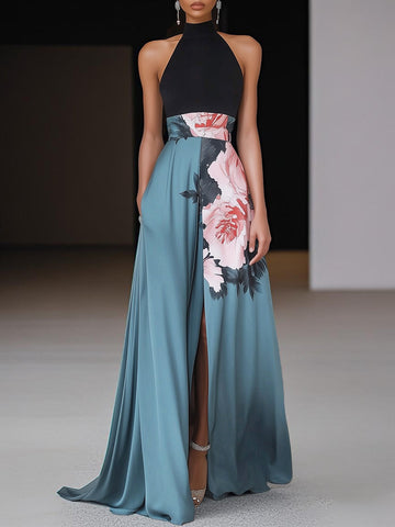 Women's Floral Print Halter Neck Sleeveless Maxi Dress - Front Slit