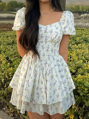 Women's Floral Tiered Ruffle Mini Dress - Sweetheart Neckline with Short Puff Sleeves and Corset Bodice
