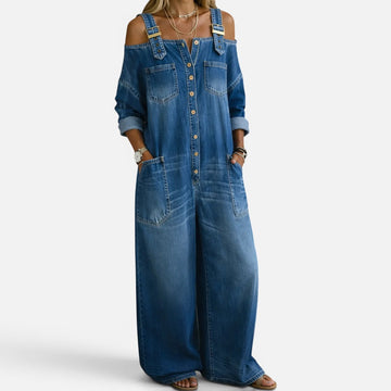 Women's Denim Wide Leg Jumpsuit Cold-Shoulder