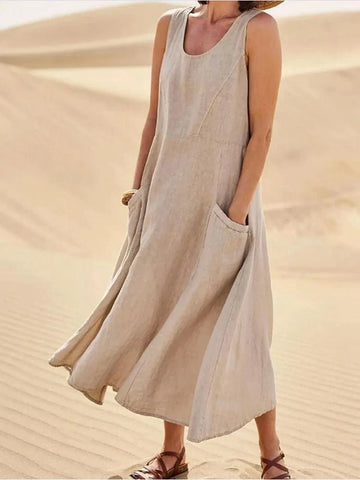Women's Sleeveless Linen Maxi Dress with Side Pockets
