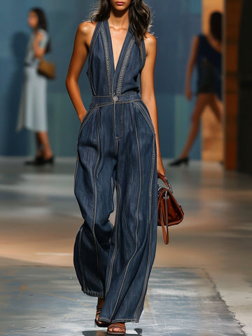 Women's Denim Wide Leg Jumpsuit Halter V-Neck