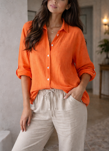 Women's Long Sleeve Button Down Shirt - Roll Up Tabs - Collar