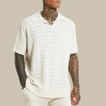Men's Knit Polo Shirt - Open V-Neck Collar - Waffle Texture - Short Sleeve - Polo Clothing