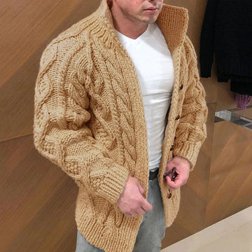Men's Chunky Cable Knit Cardigan Shawl Collar