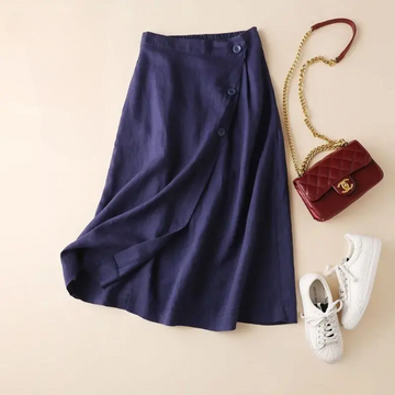 Women's Midi Skirt Linen A-Line Side Button High-Waisted