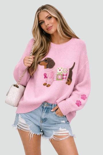 Women's Embroidered Dog Sweater Relaxed Fit