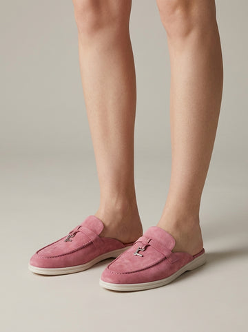 Women's Suede Mules - Closed Toe Loafer Slip On with Metal Bar Detail