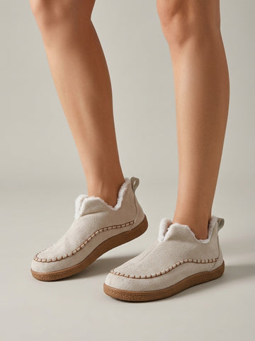 Women's Suede Fur-Lined Ankle Boots with Contrast Stitching