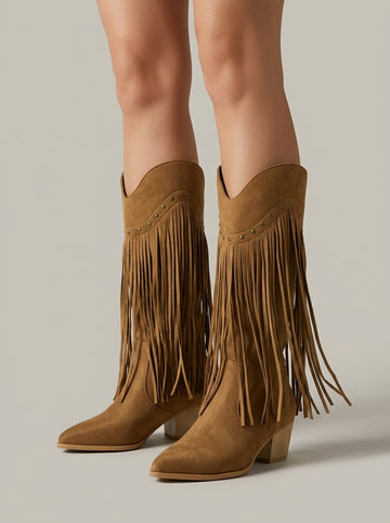 Women's Pointed Toe Knee-High Fringe Boots with Stud Detail