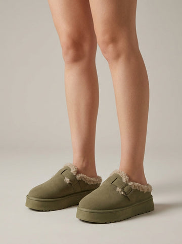 Women's Suede Fur-Lined Platform Mule Clogs with Buckle