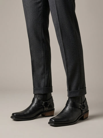 Men's Leather Ankle Boots Harness Strap Block Heel