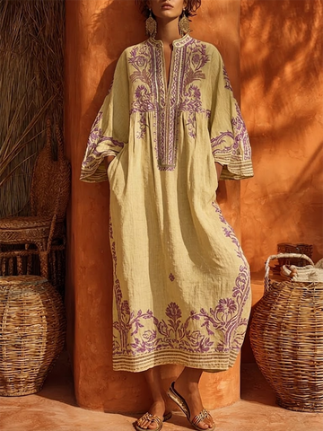 Women's Embroidered Maxi Dress V-Neck